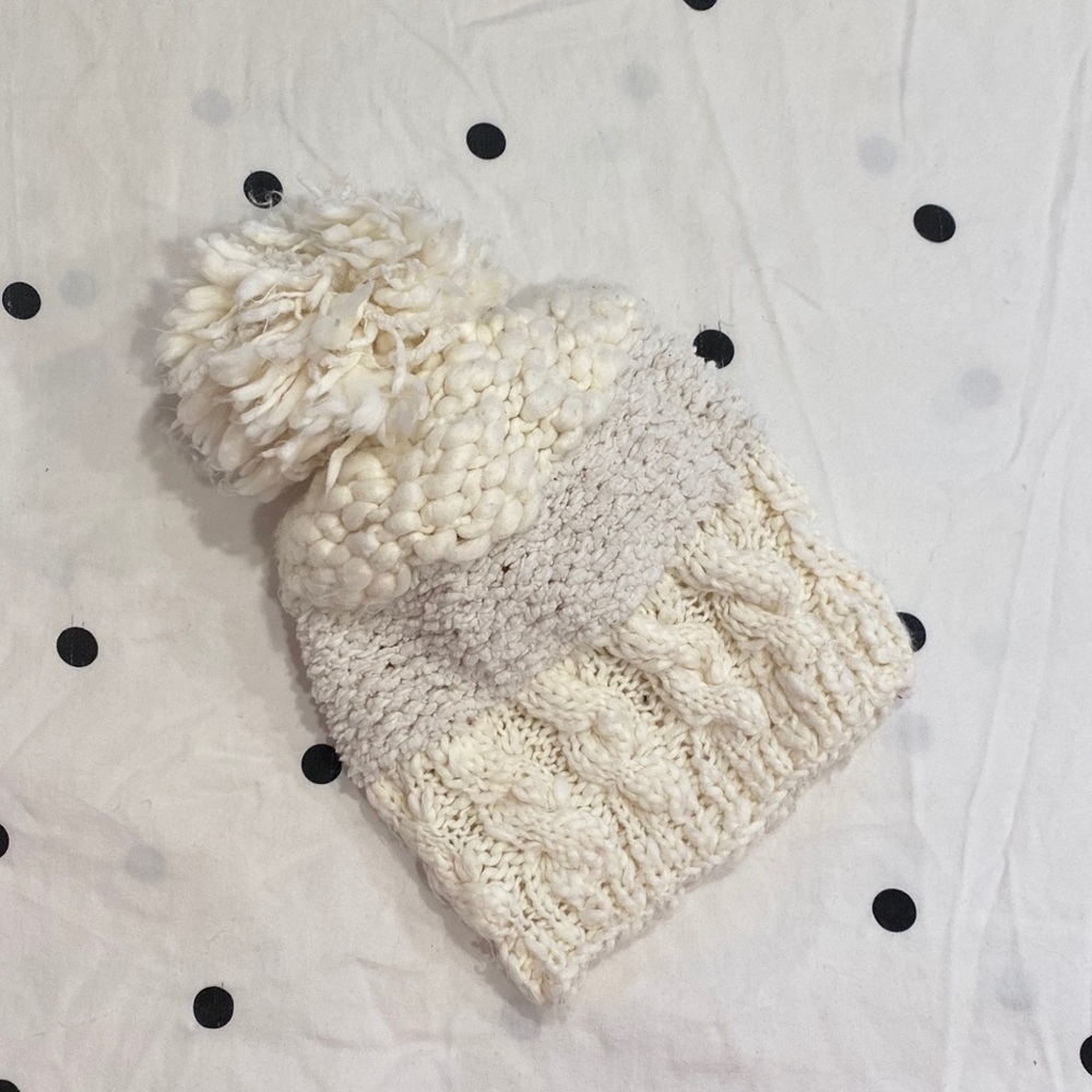Chunky Knit Ivory Large Pom Pom Slouchy Beanie